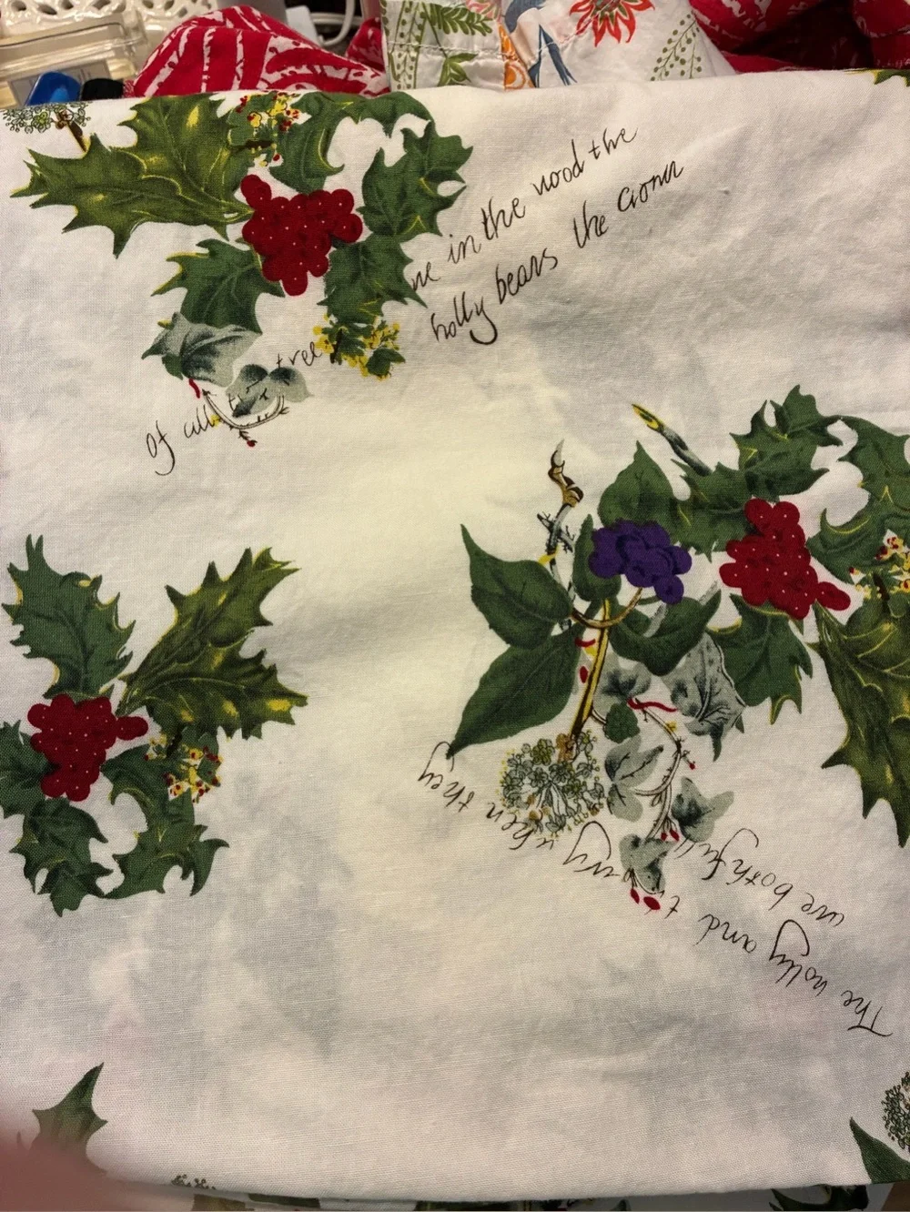 Portmeirion  54” Cotton Christmas “Holly&Ivy” Tablecloth. Like New. Red berries